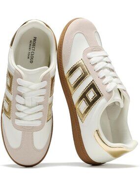 🆕Women's White Gold Sneakers Comfortable Fashion Lace Up Trendy Sneakers Casual